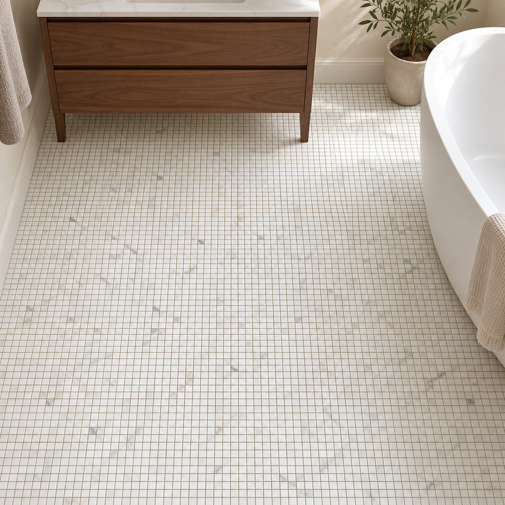 Calacatta Gold 5/8x5/8 Polished/Honed Marble Mosaic Tile floor installation room scene