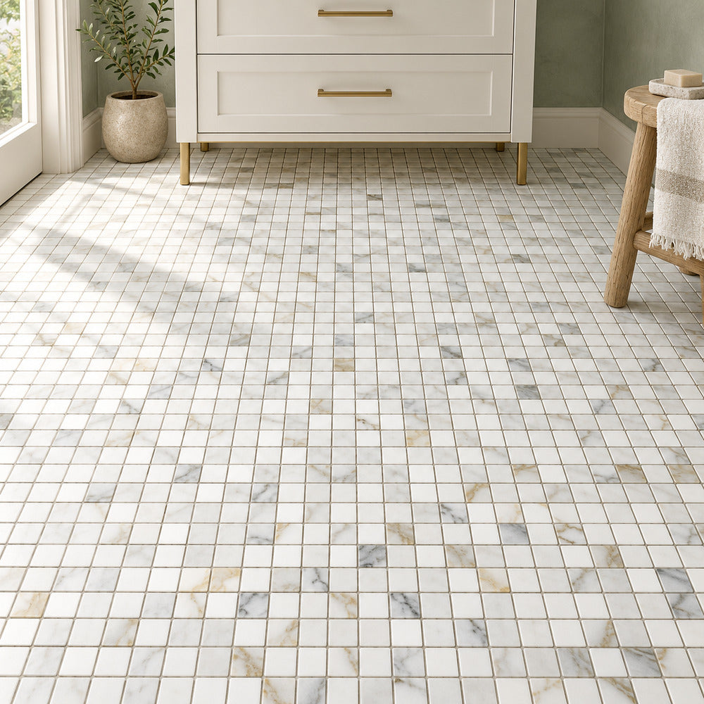 Calacatta Gold 1x1 Polished/Honed Marble Mosaic Tile floor installation room scene