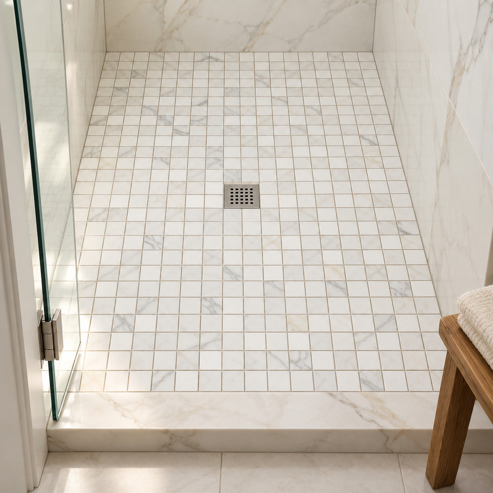 Calacatta Gold 2x2 Polished/Honed Marble Mosaic Tile floor installation room scene