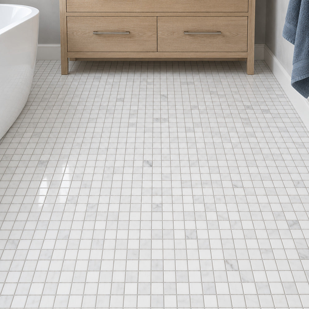 Calacatta Prestige (Asian Statuary) 1x1 Polished/Honed Tile floor installation room scene