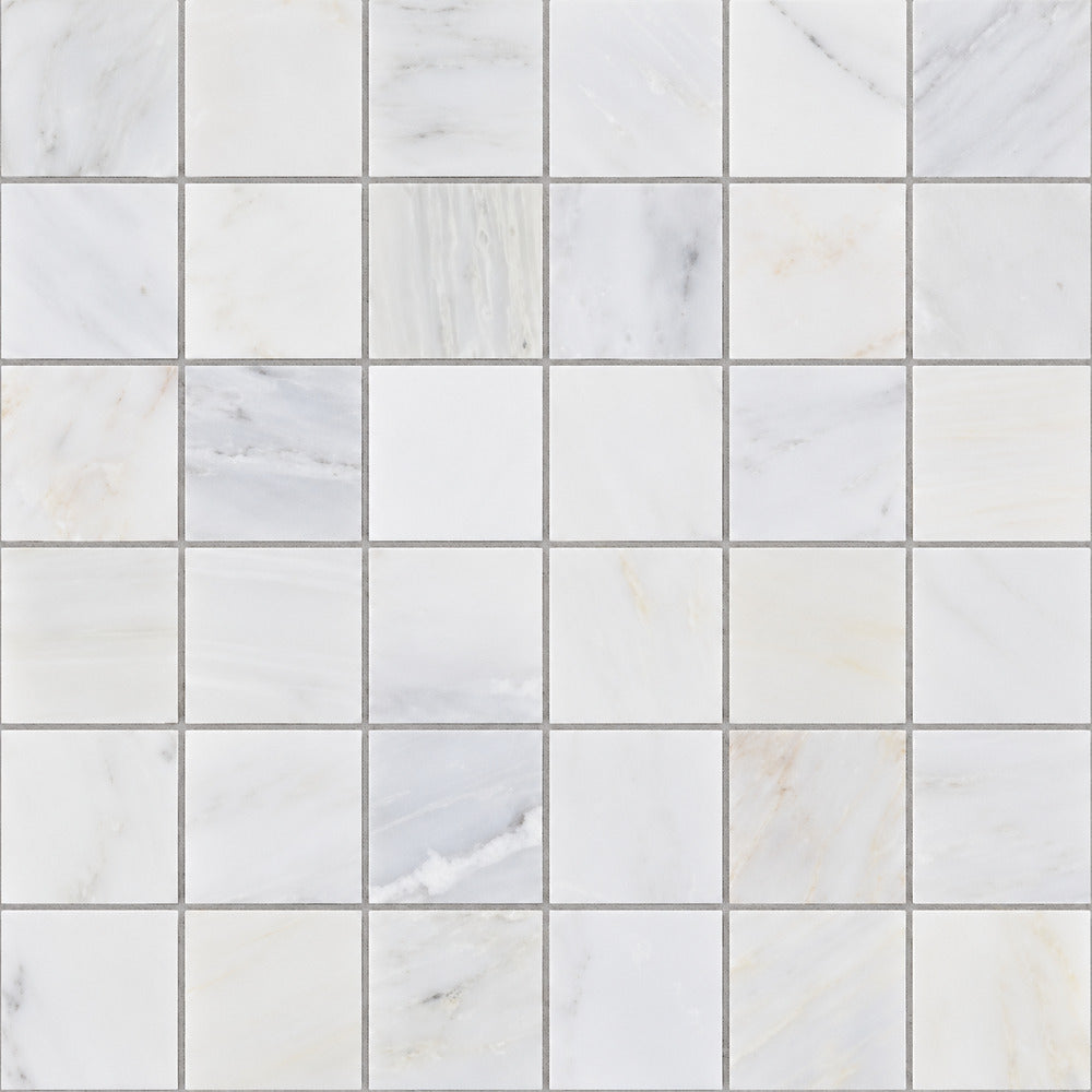 Calacatta Prestige (Asian Statuary) 2x2 Polished/Honed Mosaic Tile installed close-up