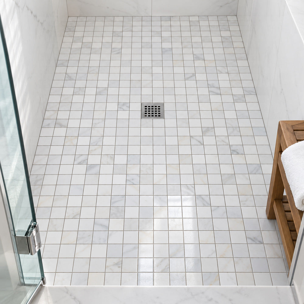 Calacatta Prestige (Asian Statuary) 2x2 Polished/Honed Mosaic Tile floor installation room scene