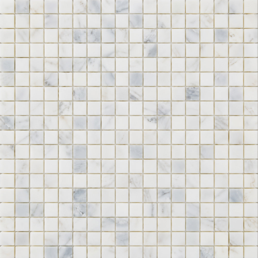 Calacatta Prestige (Asian Statuary) 5/8x5/8 Mosaic Polished/Honed installed close-up