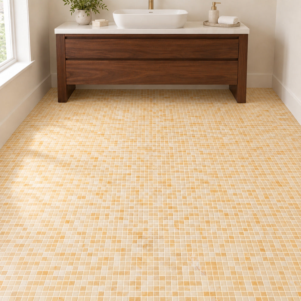 Aurora Onyx 5/8x5/8 Mosaic Polished floor installation room scene