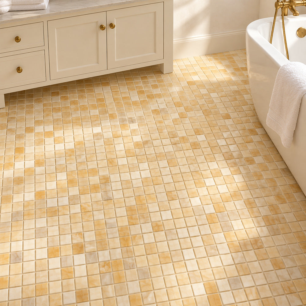 Aurora Onyx 1x1 Mosaic Polished floor installation room scene