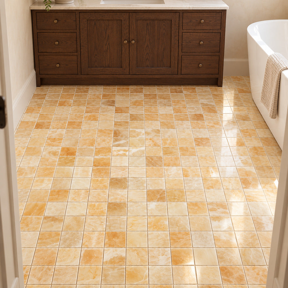 Aurora Onyx 2x2 Mosaic Tile Polished floor installation room scene