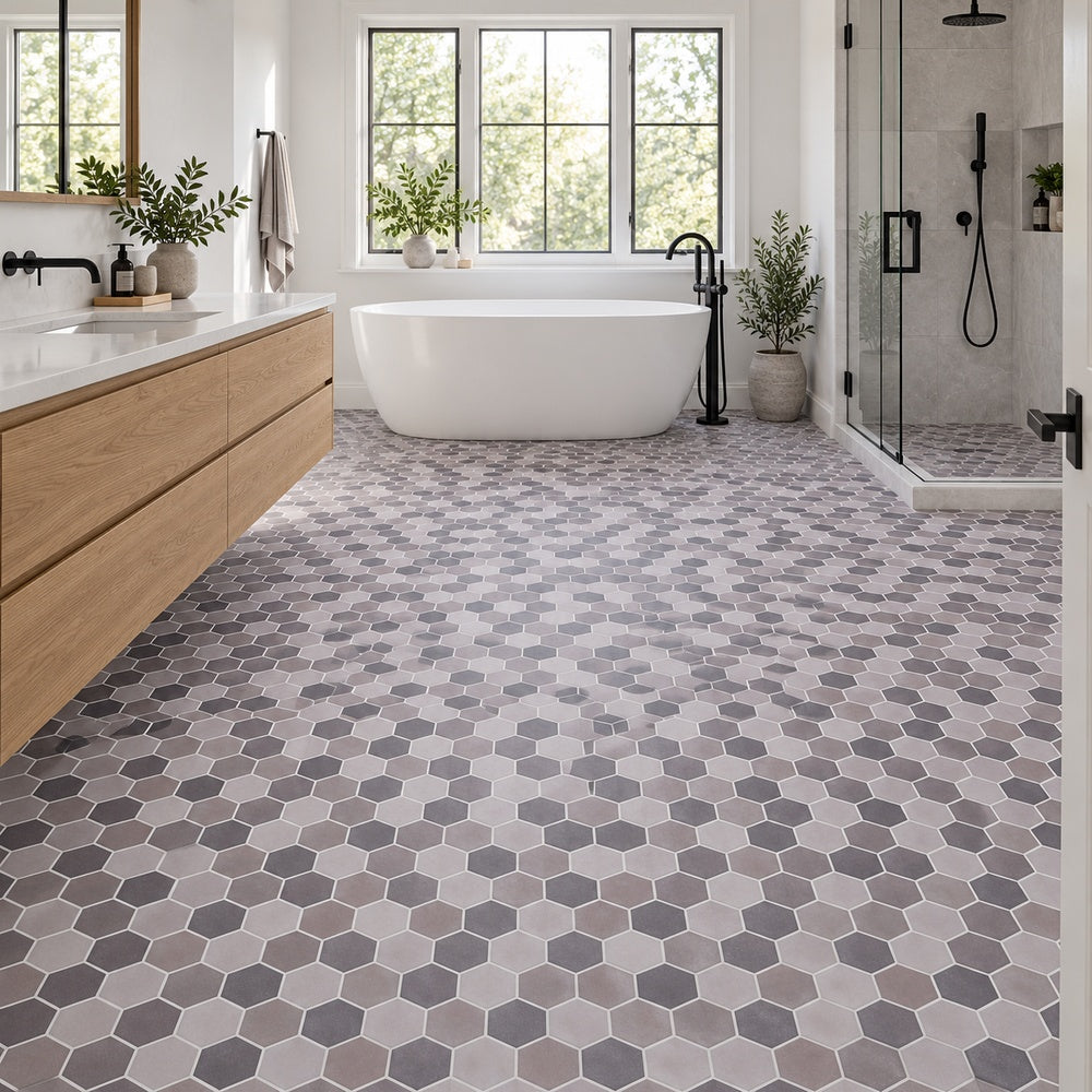 Stonecraft XL Mixed Grey 11.25x11.25 Glass Hexagon Mosaic Tile generated room installation scene