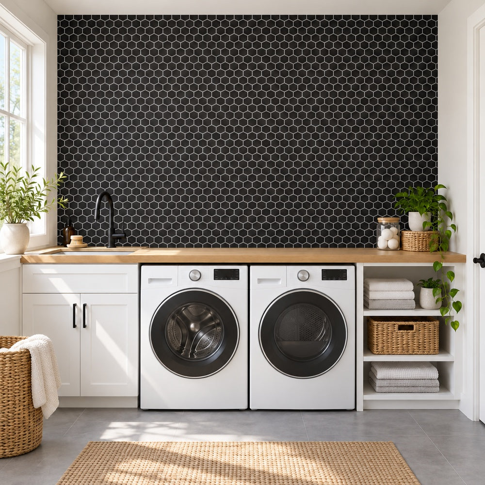 Stonecraft XL Black 11.25x11.25 Glass Hexagon Mosaic Tile generated room installation scene