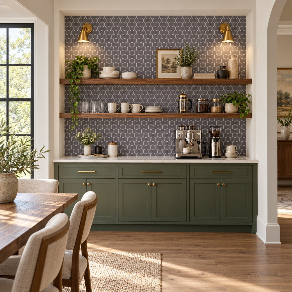 Stonecraft XL Gray 11.25x11.25 Glass Hexagon Mosaic Tile generated room installation scene