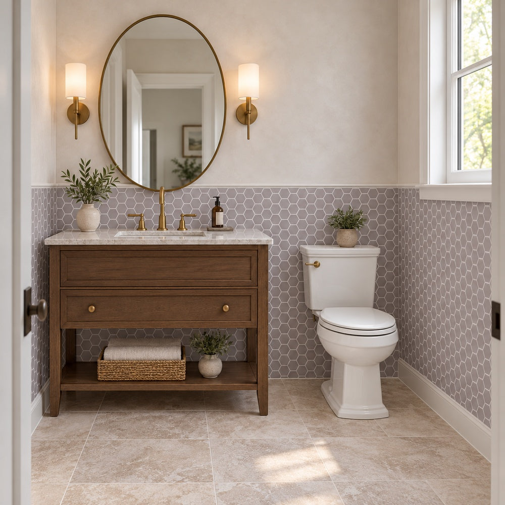 Stonecraft XL Light Brun 11.25x11.25 Glass Hexagon Mosaic Tile generated room installation scene