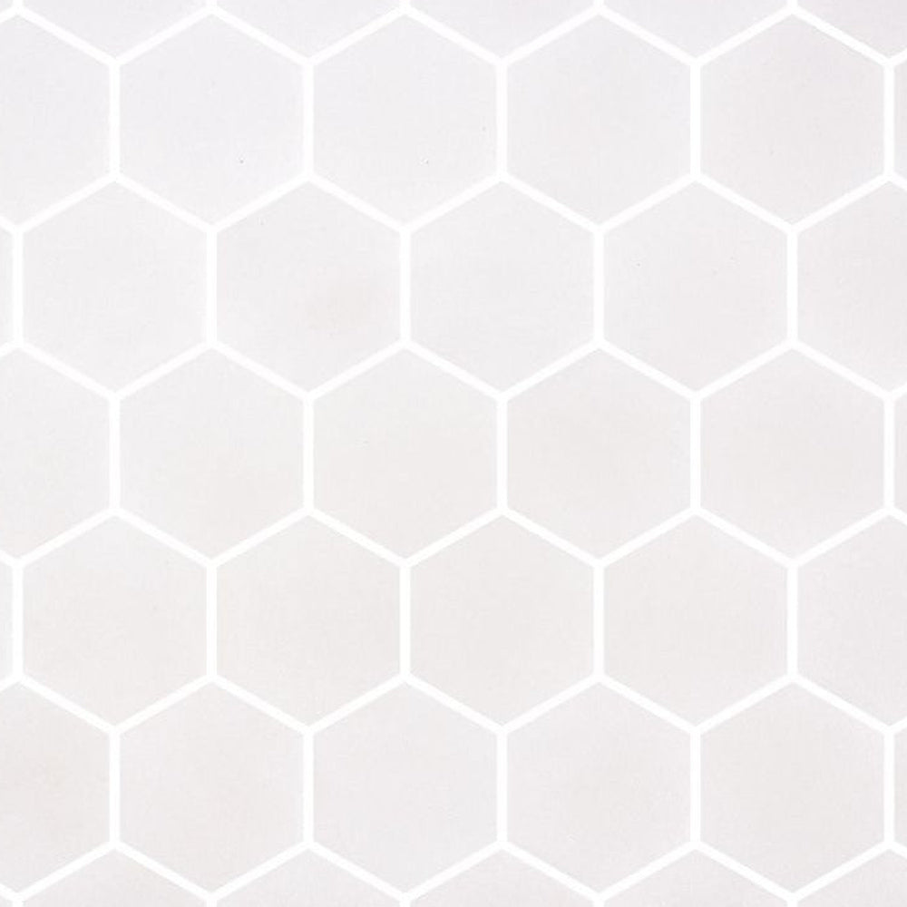 Stonecraft XL White 11.25x11.25 Glass Hexagon Mosaic Tile installed close-up