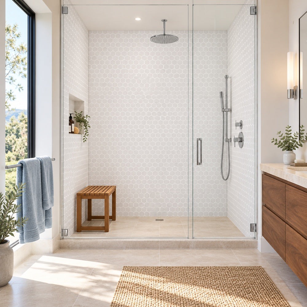 Stonecraft XL White 11.25x11.25 Glass Hexagon Mosaic Tile generated room installation scene