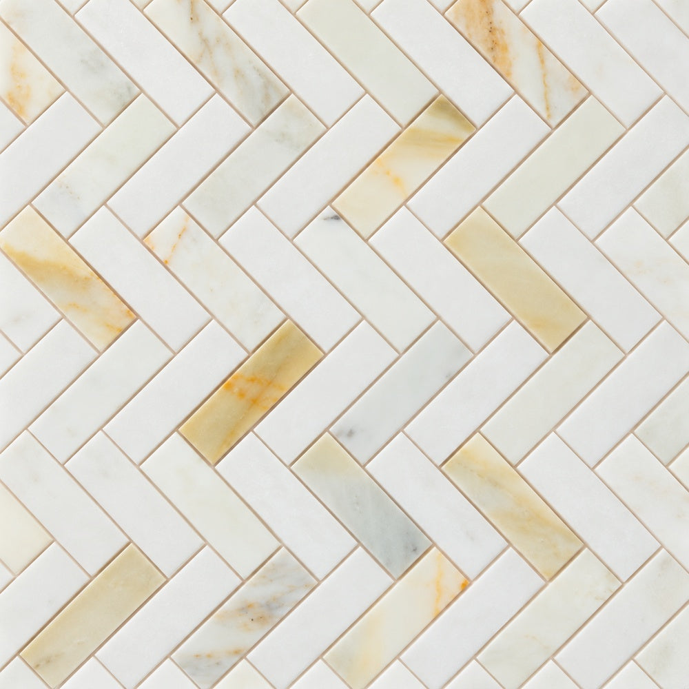 Tesserae Sunrise Polished 11x12.5 Mosaic Tile — installed close-up