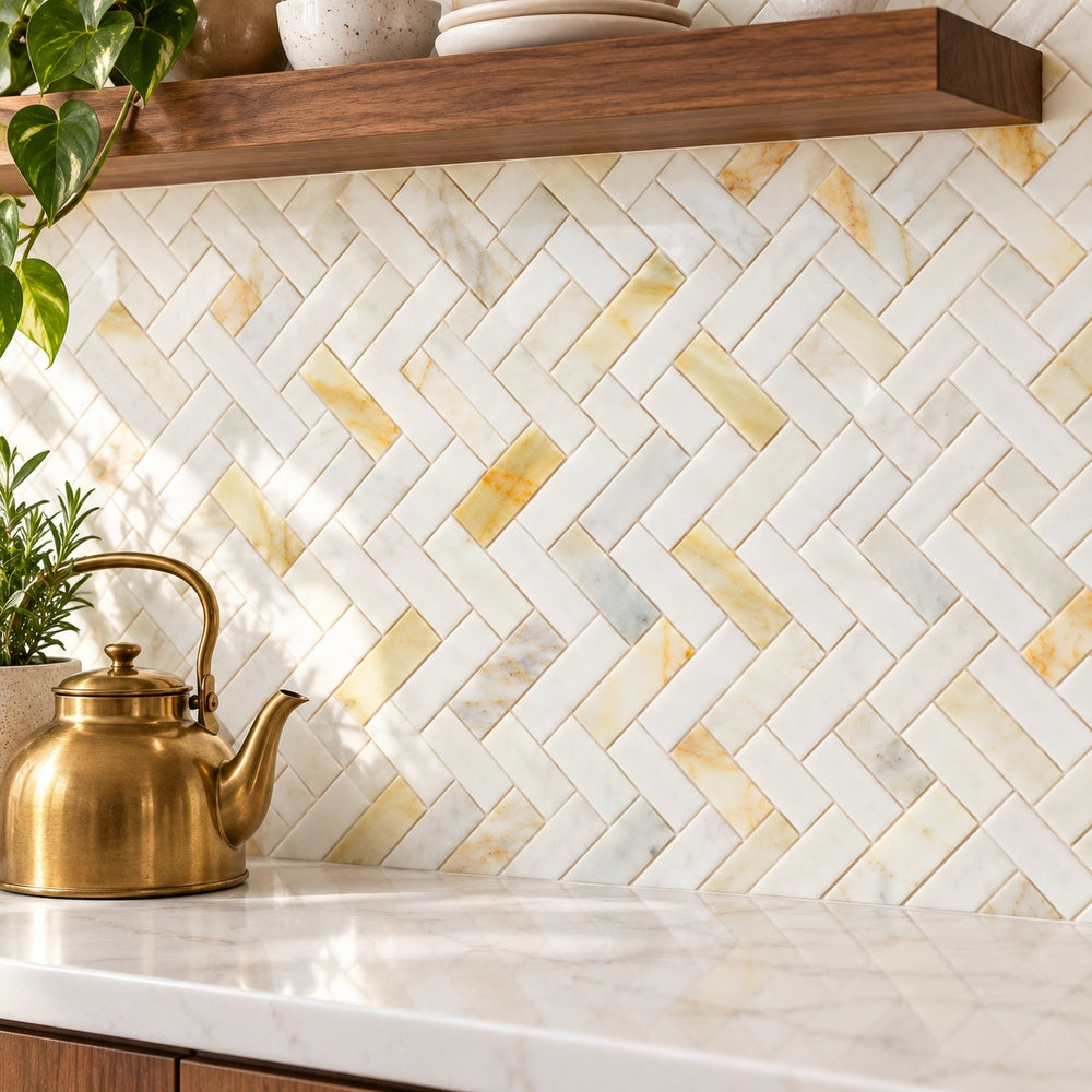 Tesserae Sunrise Polished 11x12.5 Mosaic Tile - installation view