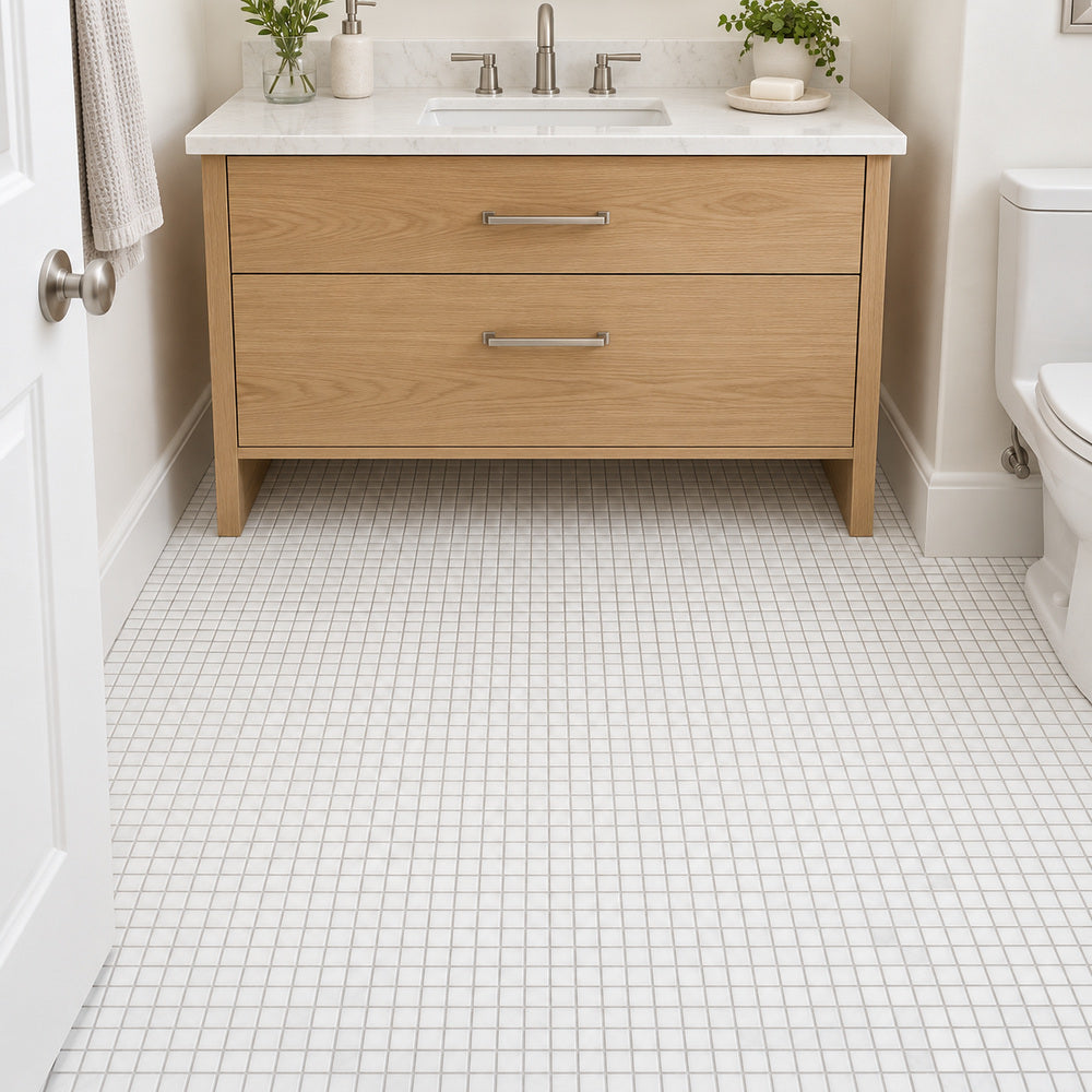 Thassos White 5/8 inch square marble mosaic bathroom floor room scene