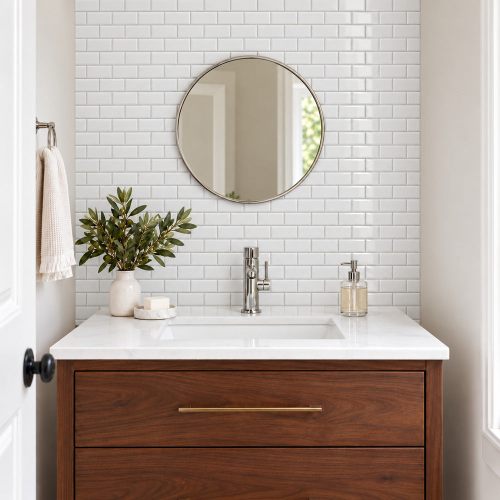 Thassos White beveled 2x4 marble subway tile bathroom room scene
