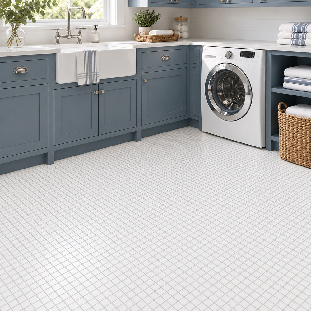 Thassos White 1x1 Polished/Honed Marble Mosaic Tile room scene