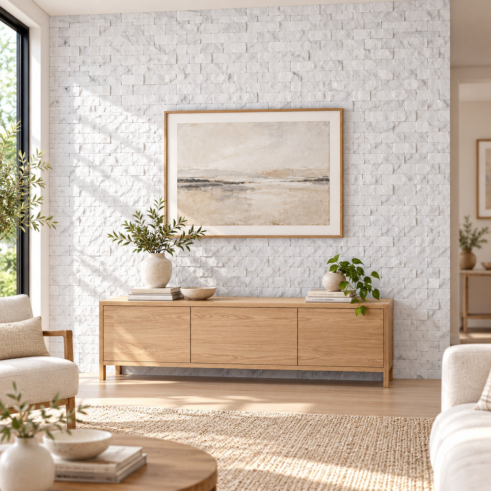Thassos White 1X2 Split Faced Mosaic Tile room scene