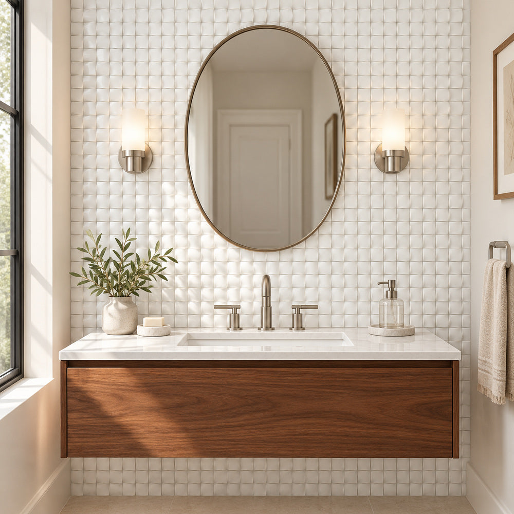 Thassos White 3D Squares 12x12 Polished/Honed Marble Mosaic Tile room scene