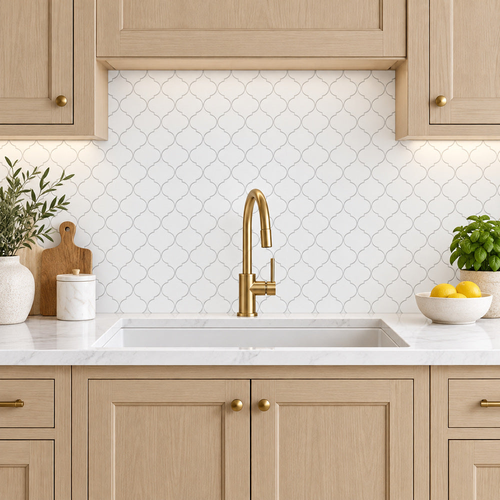 Thassos White Arabesque 12x12 Polished/Honed Marble Mosaic Tile room scene