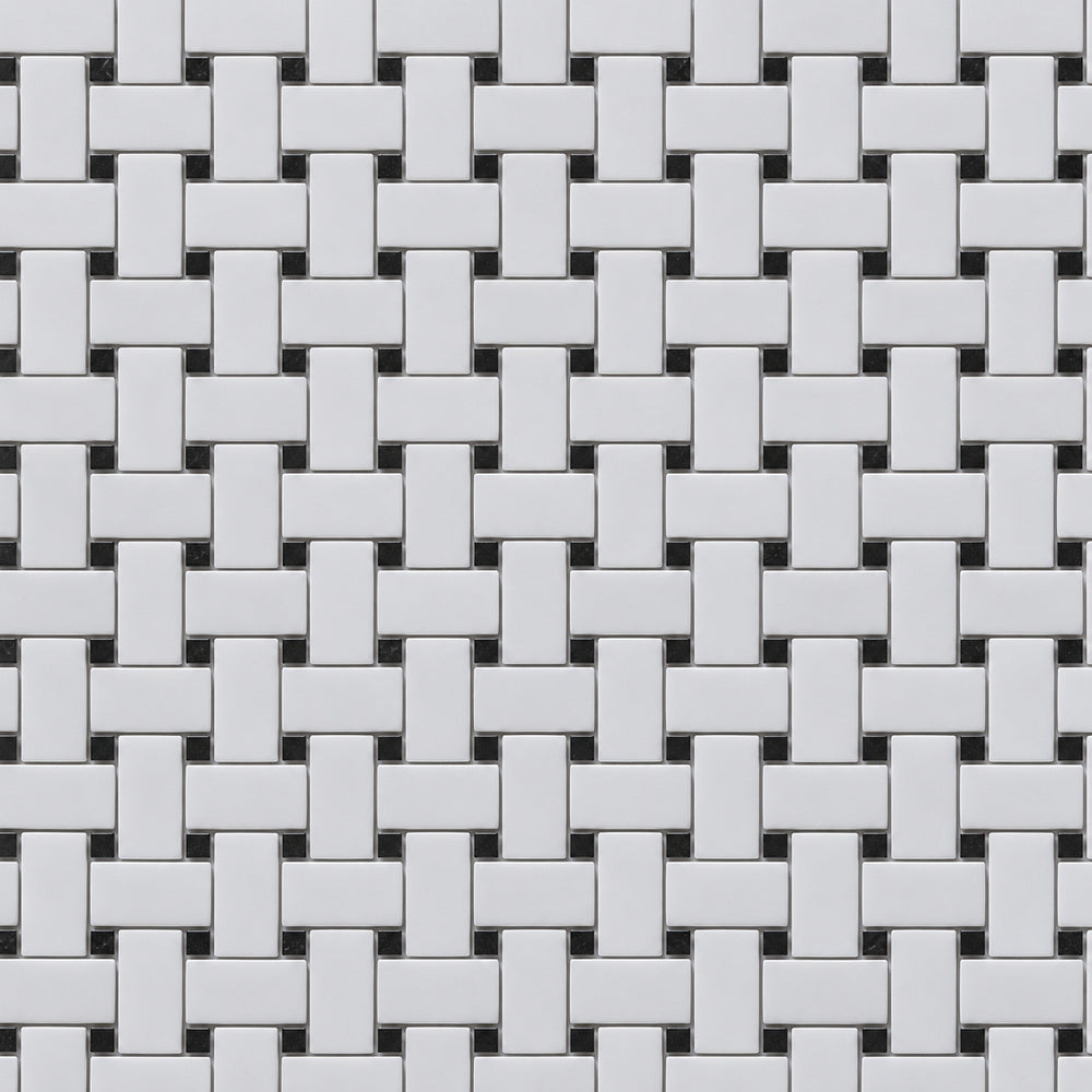 Thassos White & Black Basketweave 12x12 Polished/Honed Marble Mosaic Tile close-up