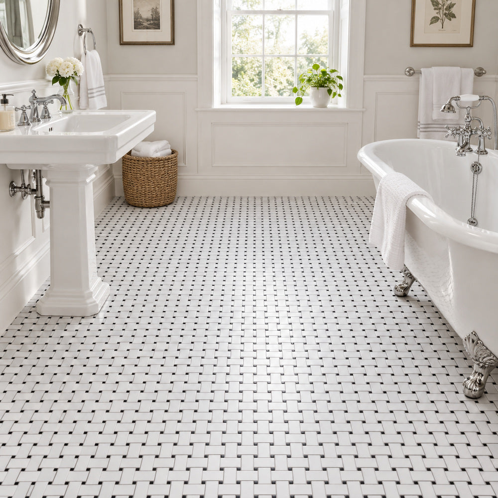 Thassos White & Black Basketweave 12x12 Polished/Honed Marble Mosaic Tile room scene