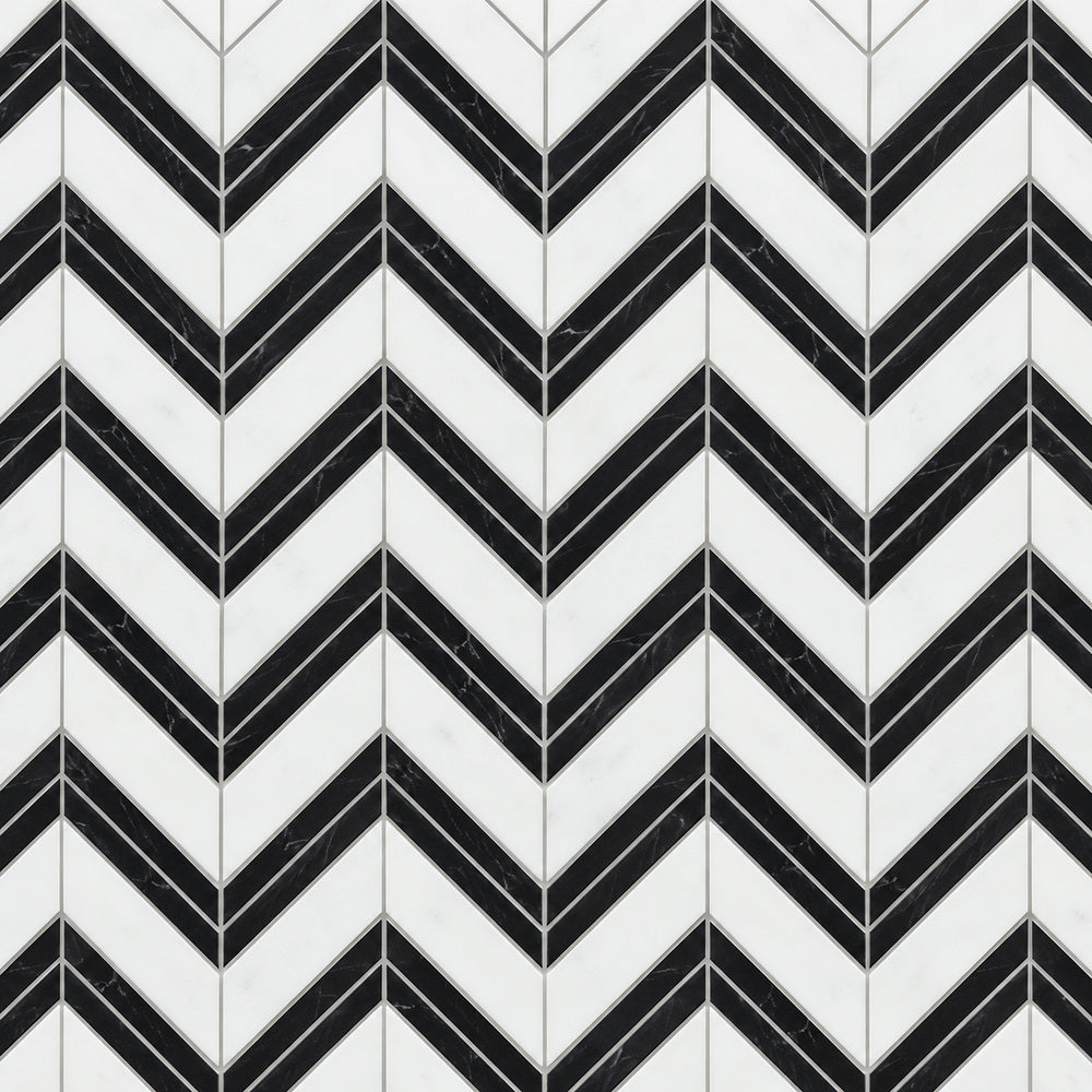 Thassos White & Black Chevron 12x12 Polished/Honed Marble Mosaic Tile close-up