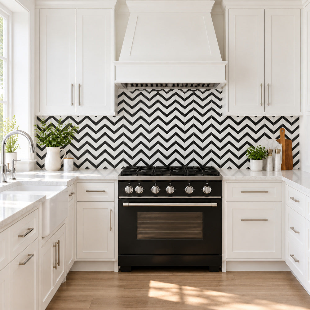 Thassos White & Black Chevron 12x12 Polished/Honed Marble Mosaic Tile room scene