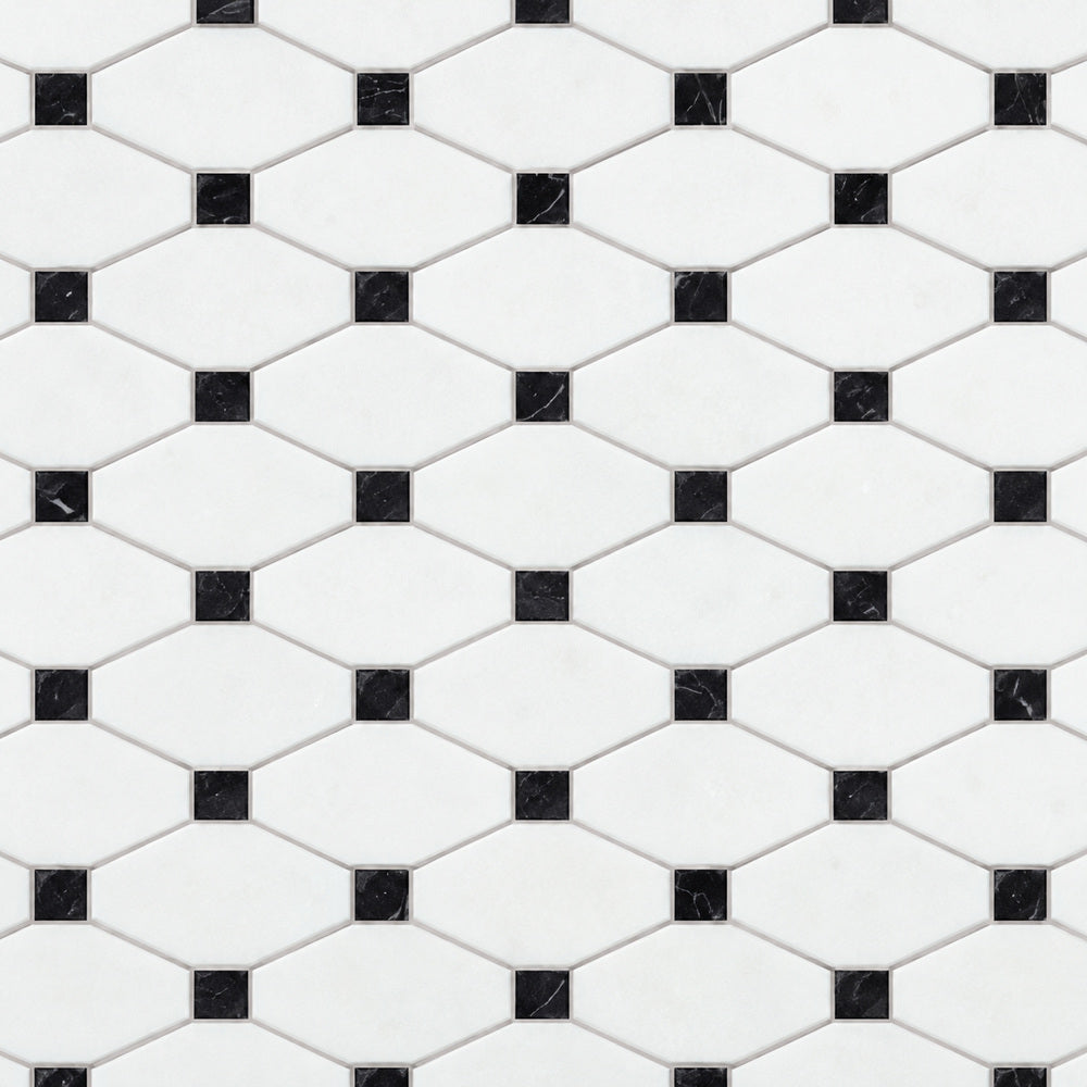 Thassos White & Black Octave 12x12 Polished/Honed Marble Mosaic Tile close-up