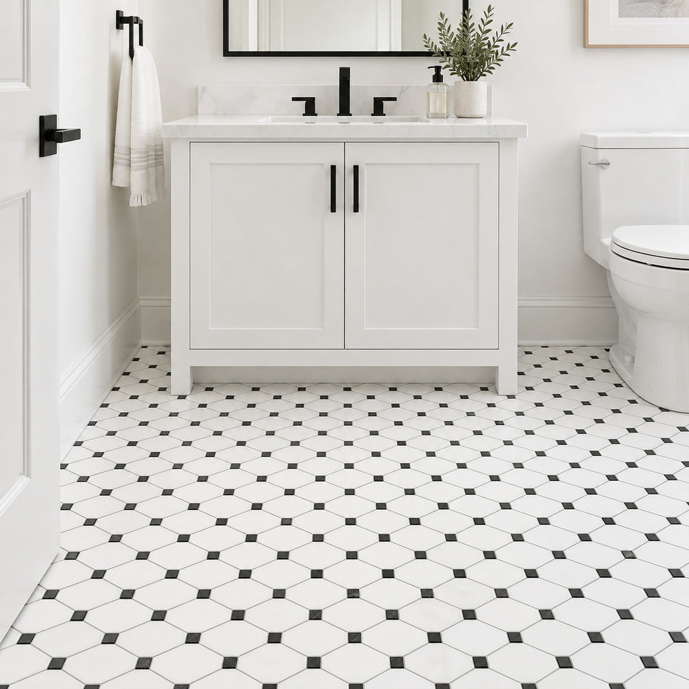 Thassos White & Black Octave 12x12 Polished/Honed Marble Mosaic Tile room scene