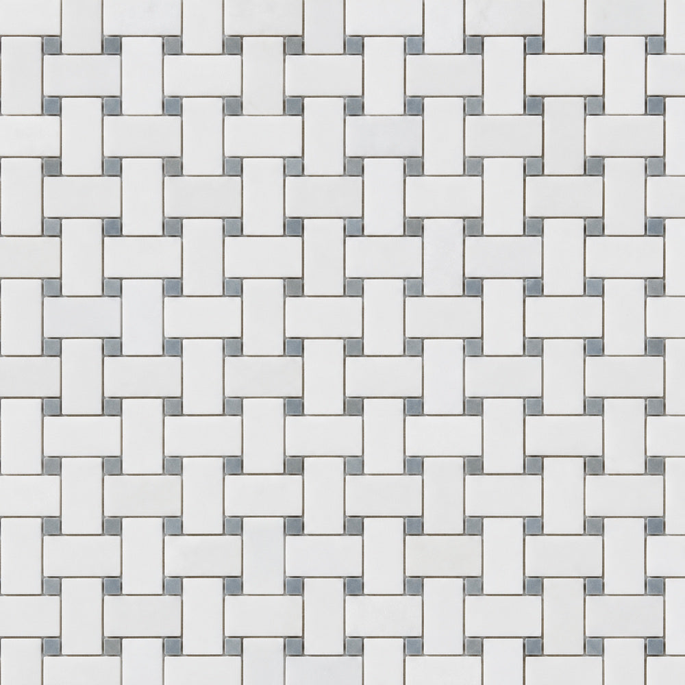 Thassos White & Blue Basketweave 12x12 Polished/Honed Marble Mosaic Tile close-up
