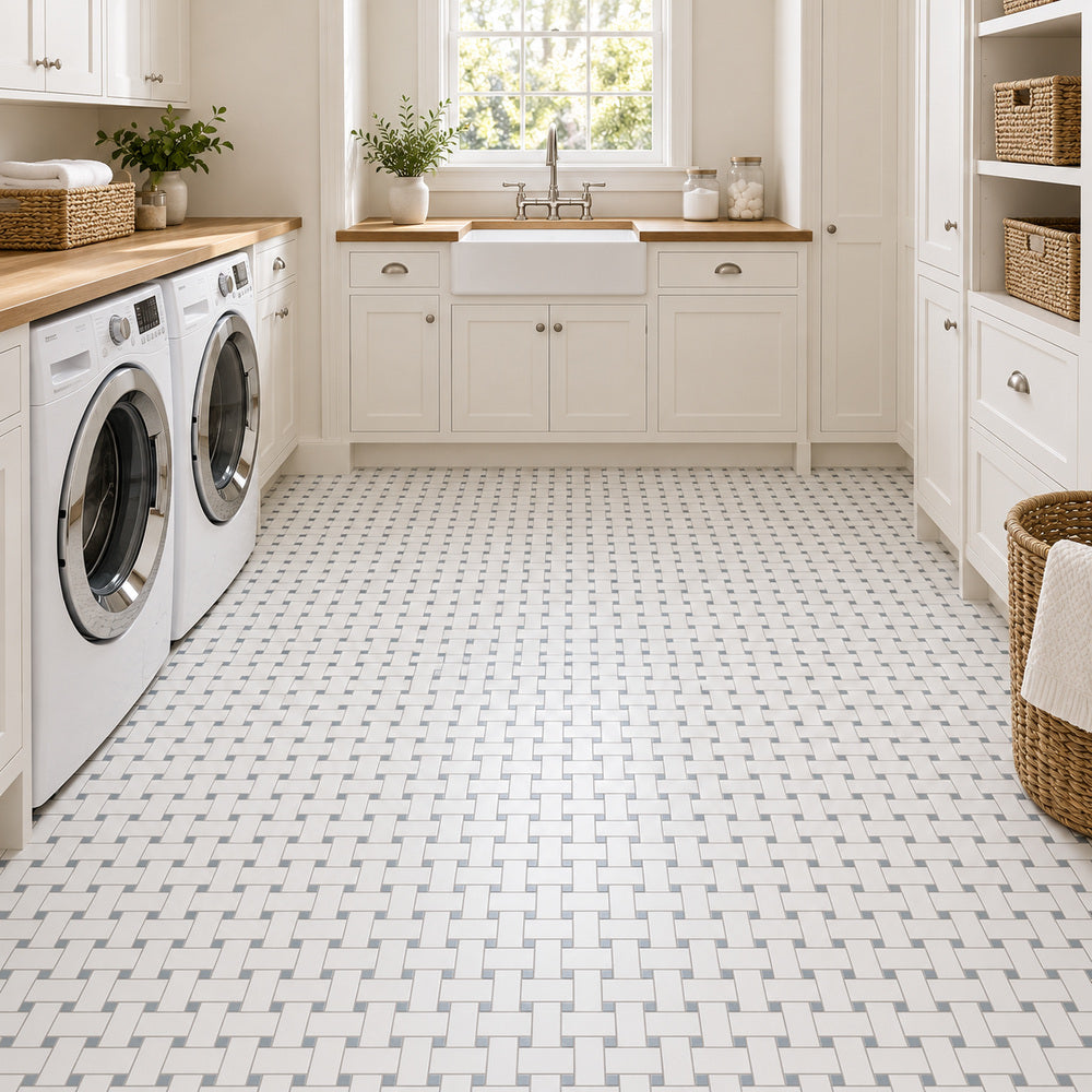 Thassos White & Blue Basketweave 12x12 Polished/Honed Marble Mosaic Tile room scene