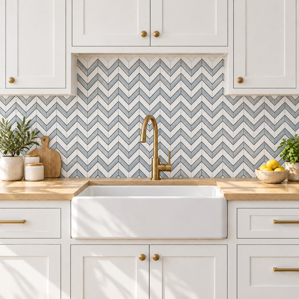 Thassos White & Blue Chevron 12x12 Polished/Honed Marble Mosaic Tile room scene