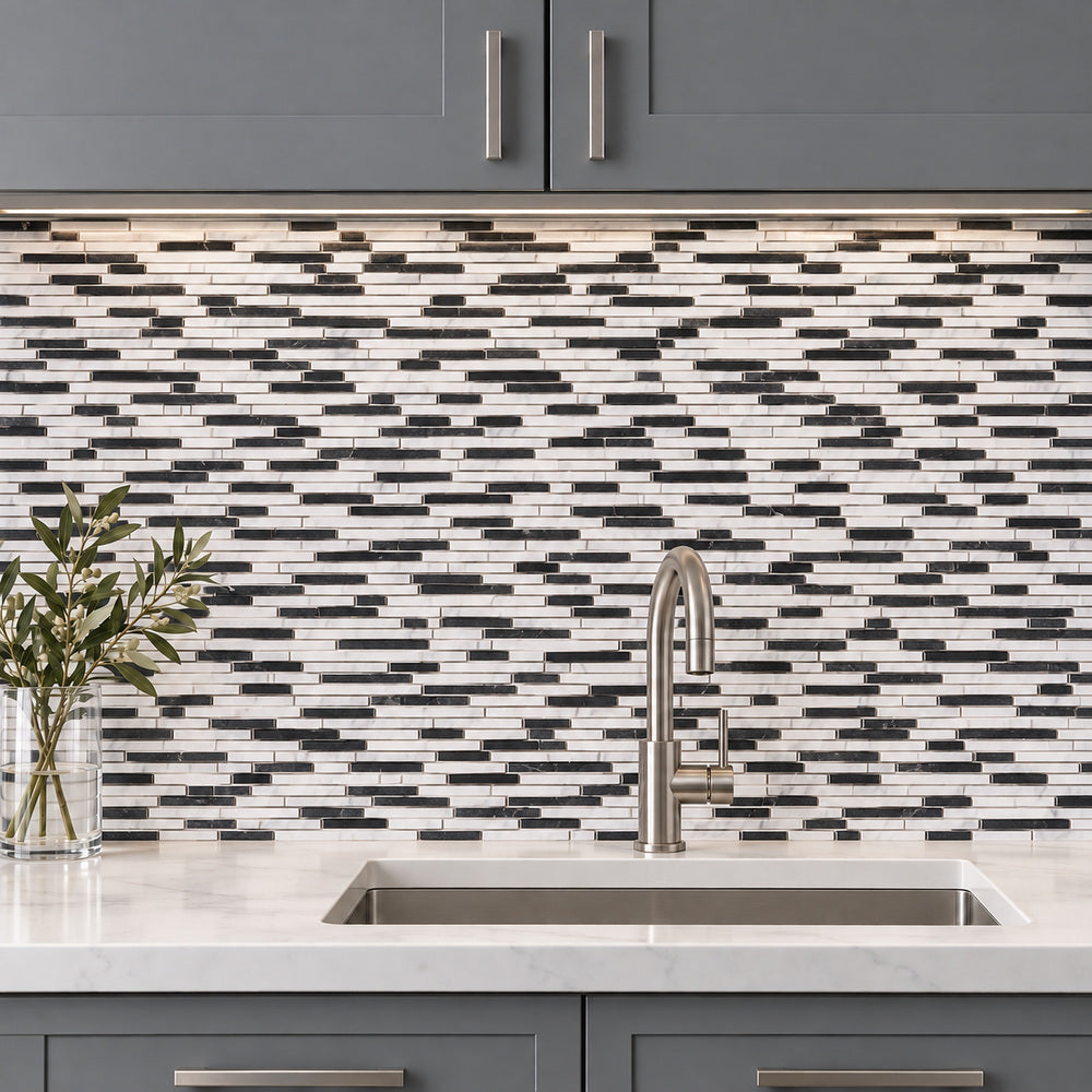 Thassos White + Carrara + Black 12x12 Polished/Honed Marble Random Strips Tile room scene