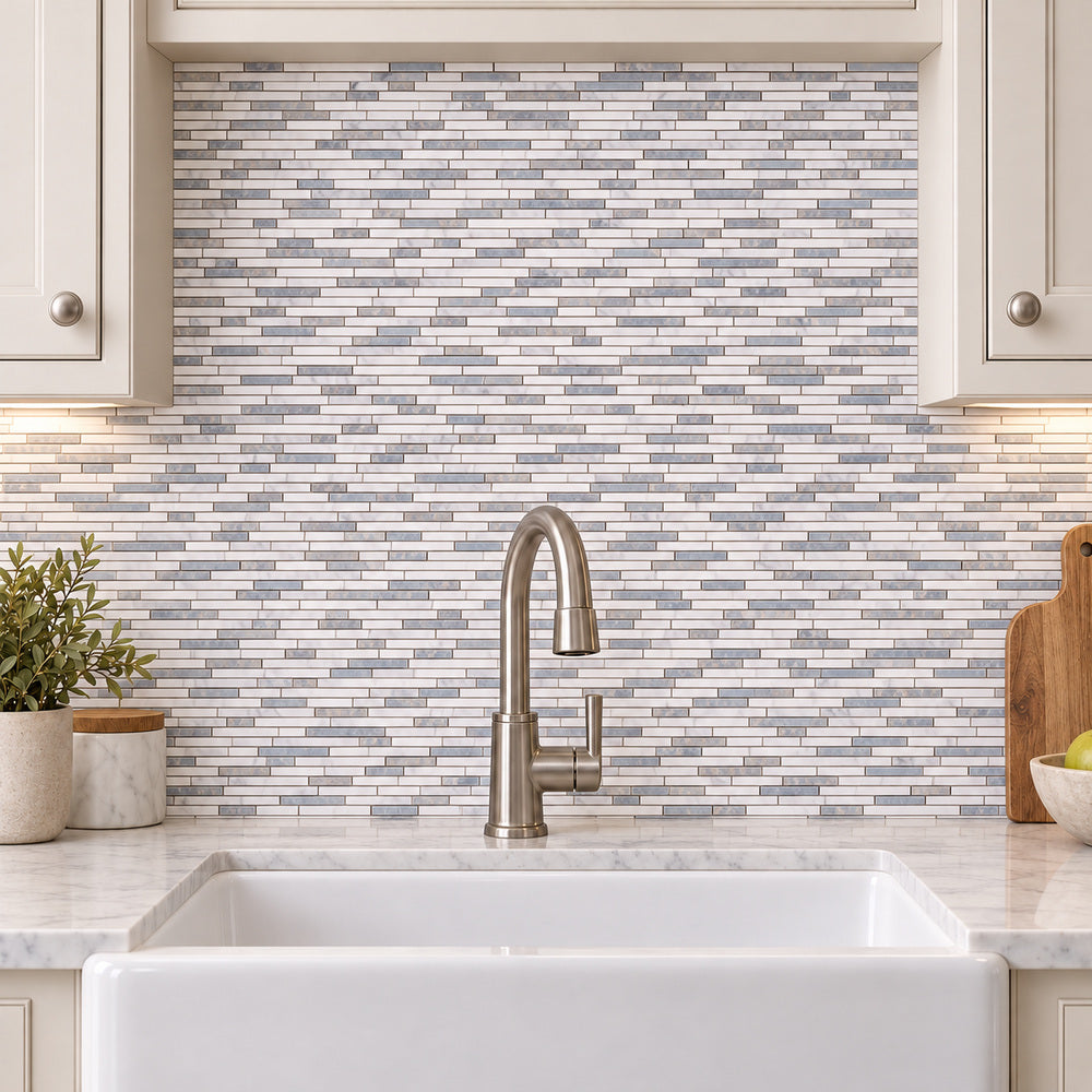 Thassos White + Carrara + Blue 12x12 Polished/Honed Marble Random Strips Tile room scene