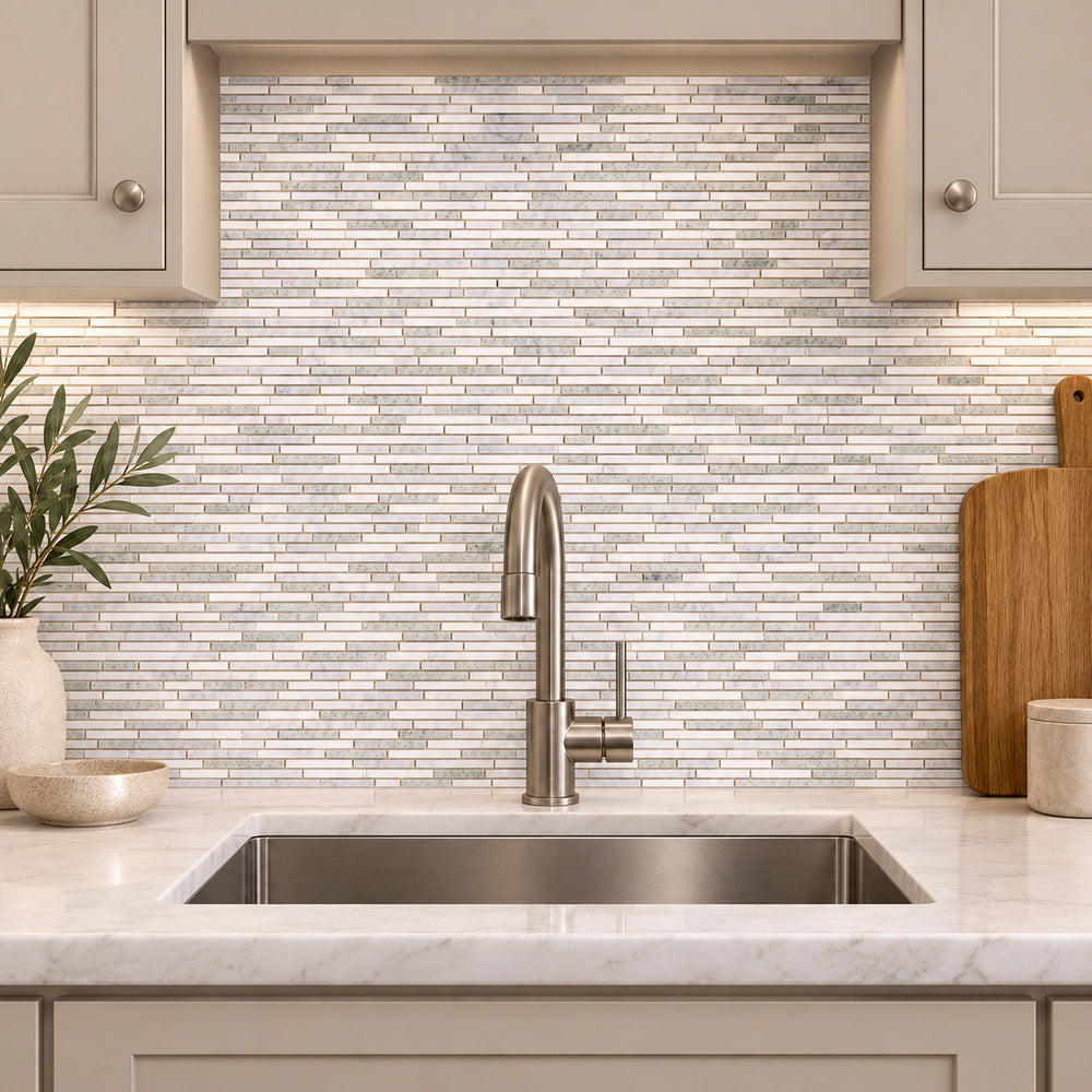 Thassos White + Carrara + Green 12x12 Polished/Honed Marble Random Strips Tile room scene