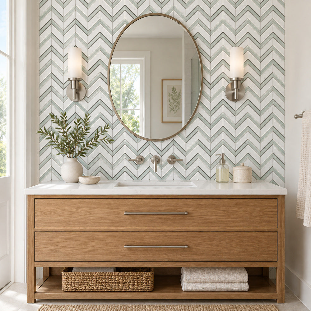 Thassos White & Green Chevron 12x12 Polished/Honed Marble Mosaic Tile room scene