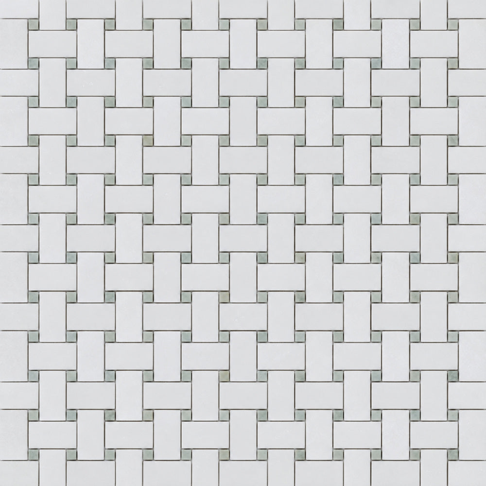 Thassos White & Green Marble Basketweave 12x12 Polished/Honed Mosaic Tile close-up