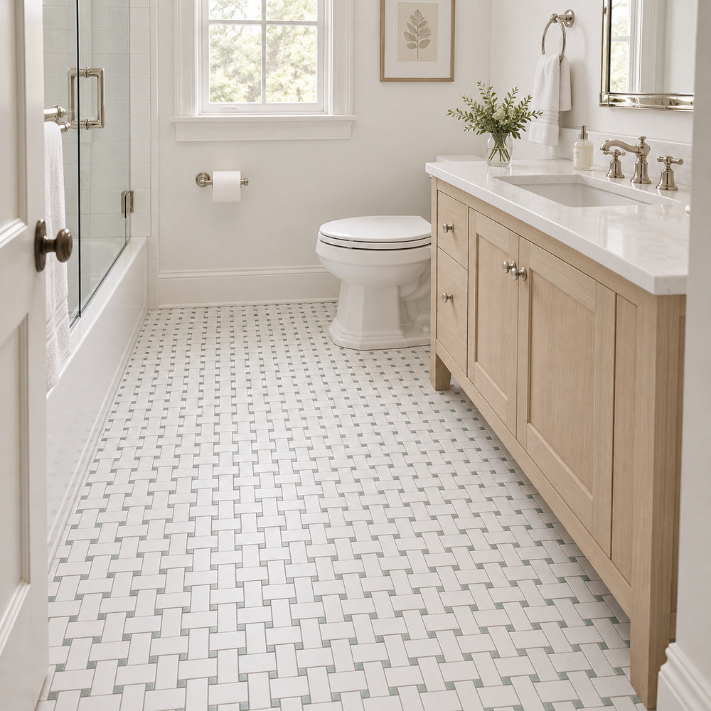 Thassos White & Green Marble Basketweave 12x12 Polished/Honed Mosaic Tile room scene