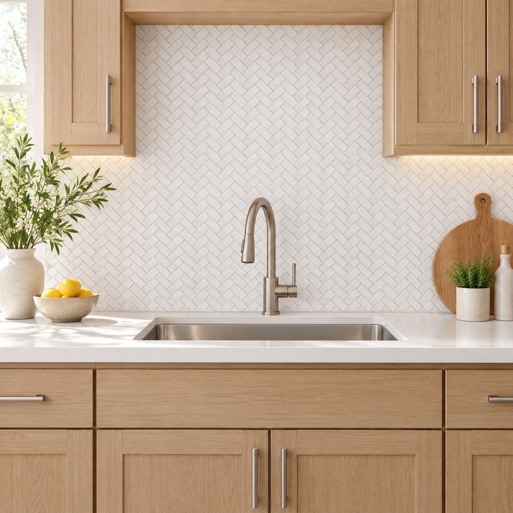 Thassos White Herringbone 1 X 2 Polished/Honed Marble Mosaic Tile room scene