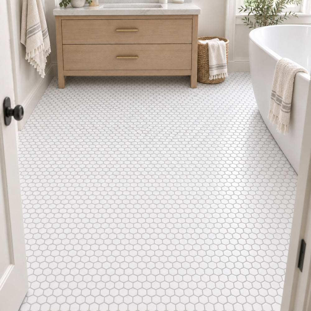 Thassos White Hexagon 1" Polished/Honed Marble Mosaic Tile room scene