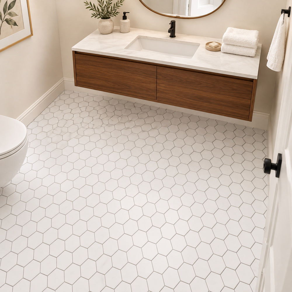 Thassos White Hexagon 2" Polished/Honed Marble Mosaic Tile room scene
