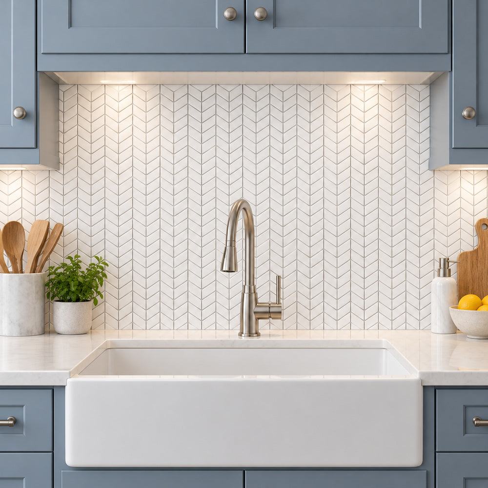 Thassos White Mini Chevron 12x12 Polished/Honed Mosaic Tile room scene