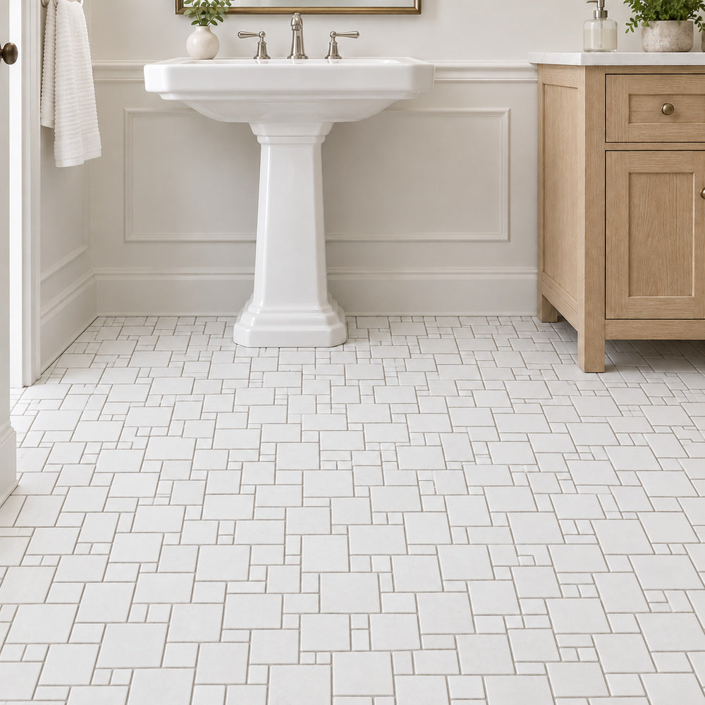 Thassos White Opus 12x12 Polished/Honed Marble Mosaic Tile room scene