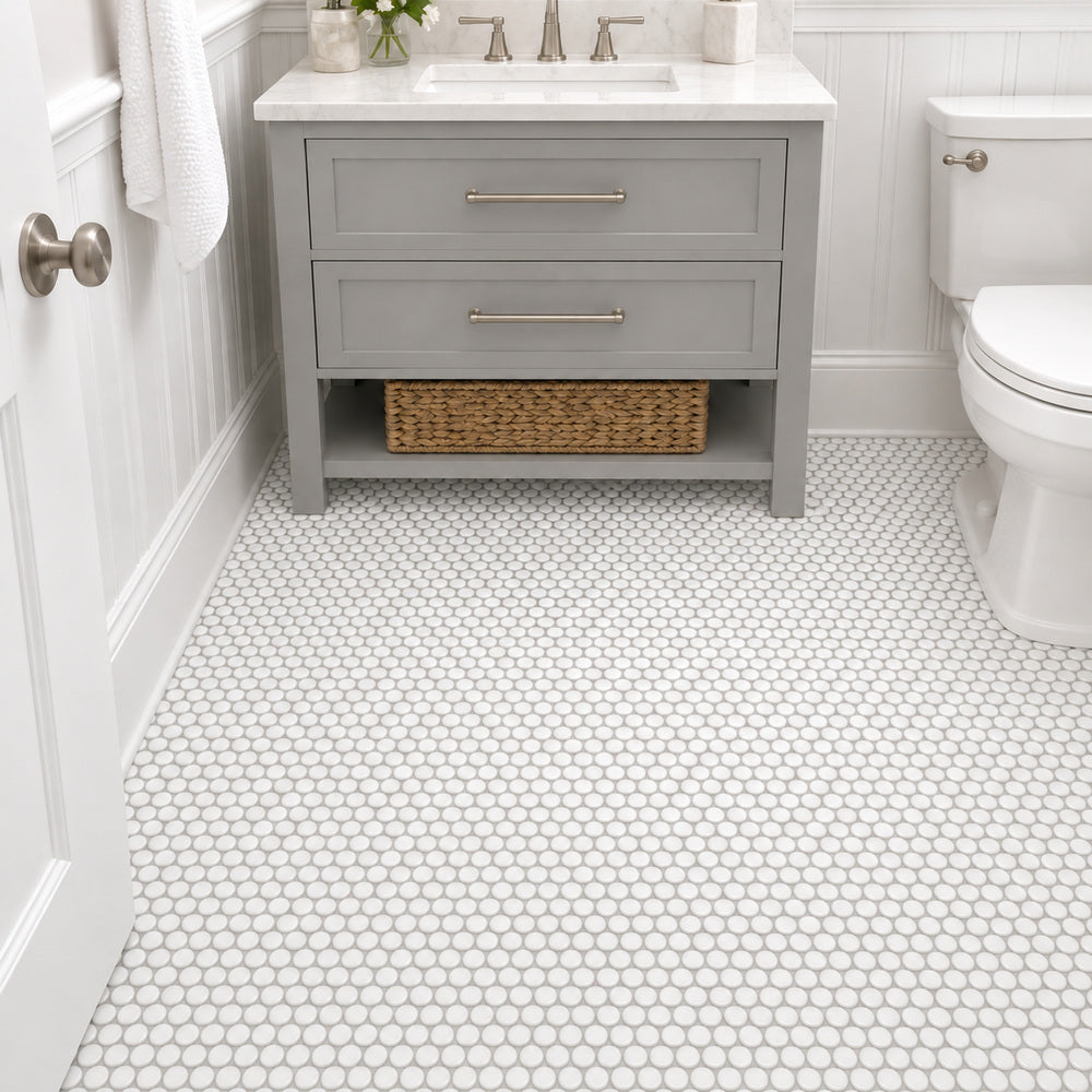 Thassos White Penny Round 12x12 Polished/Honed Marble Mosaic Tile room scene