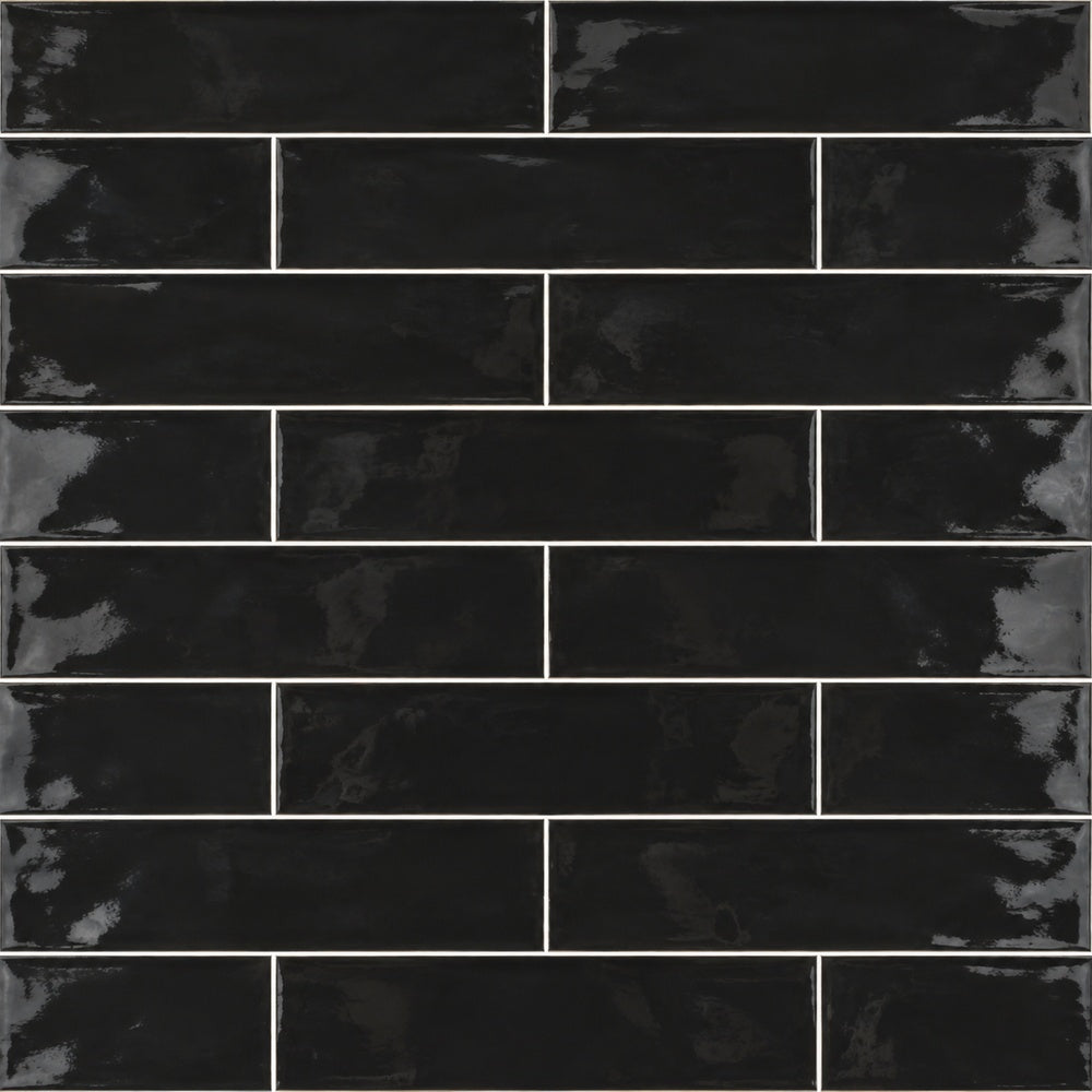 Thebes Black Bright 3x12 Ceramic Tile Glossy installed tile close-up