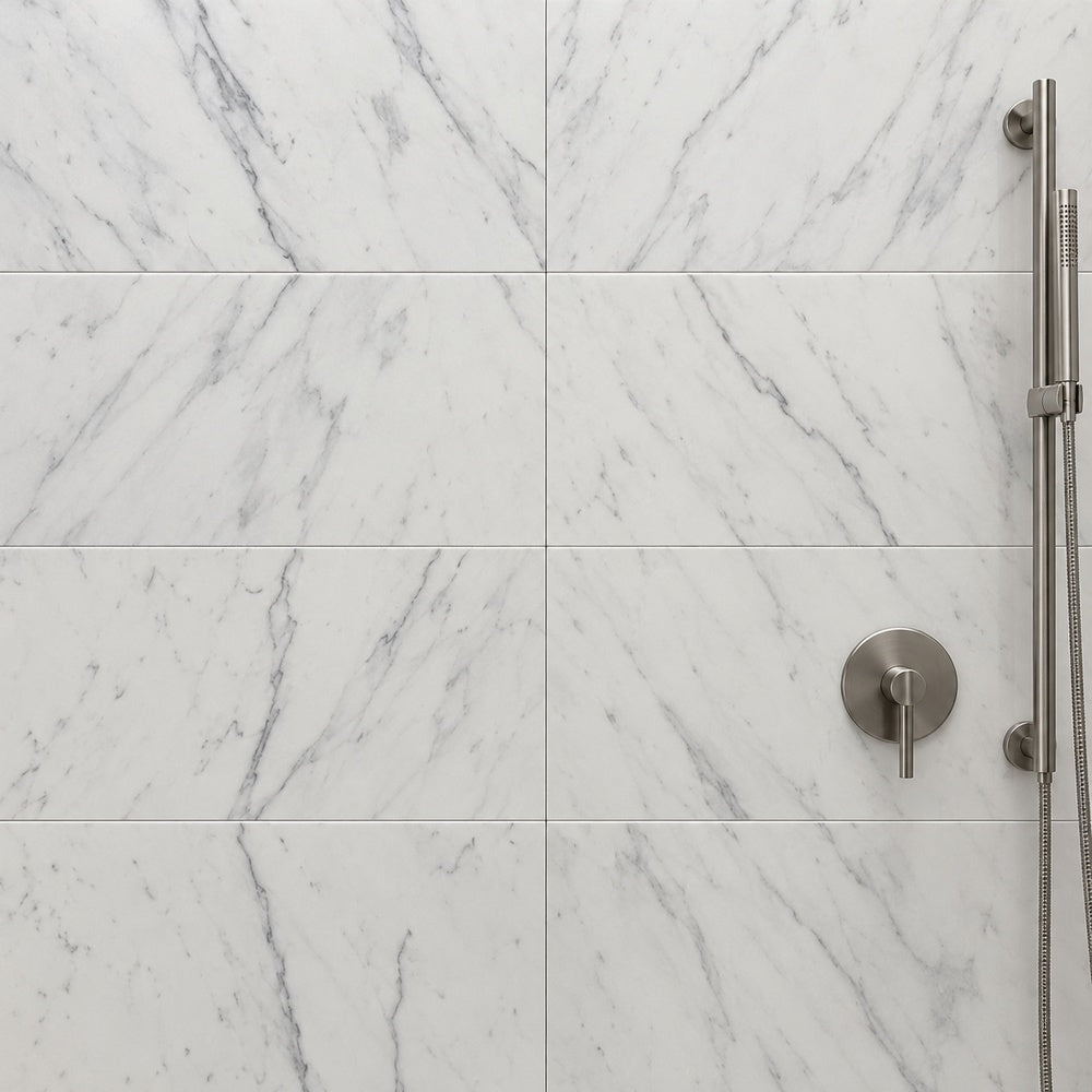 Statuario White 12x24 Honed Marble Field Tile - installation view