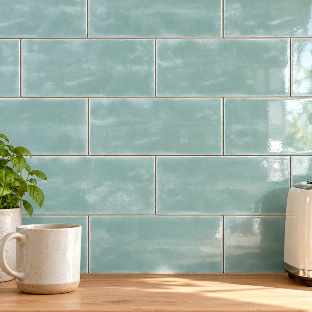 San Fran Aqua 4x10 Glossy Ceramic Subway Tile - installed wall view