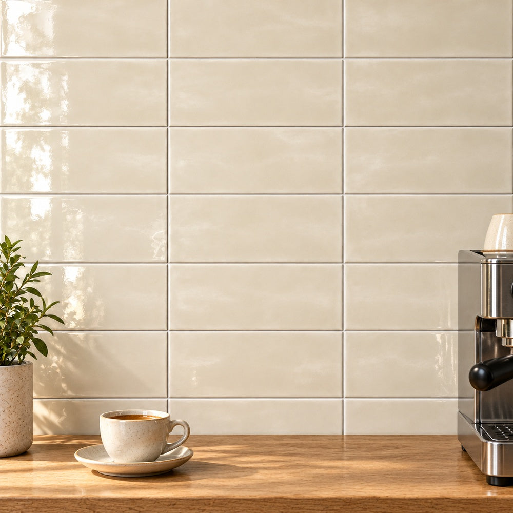 San Fran Biscuit 4x10 Glossy Ceramic Subway Tile — corrected generated wall installation scene