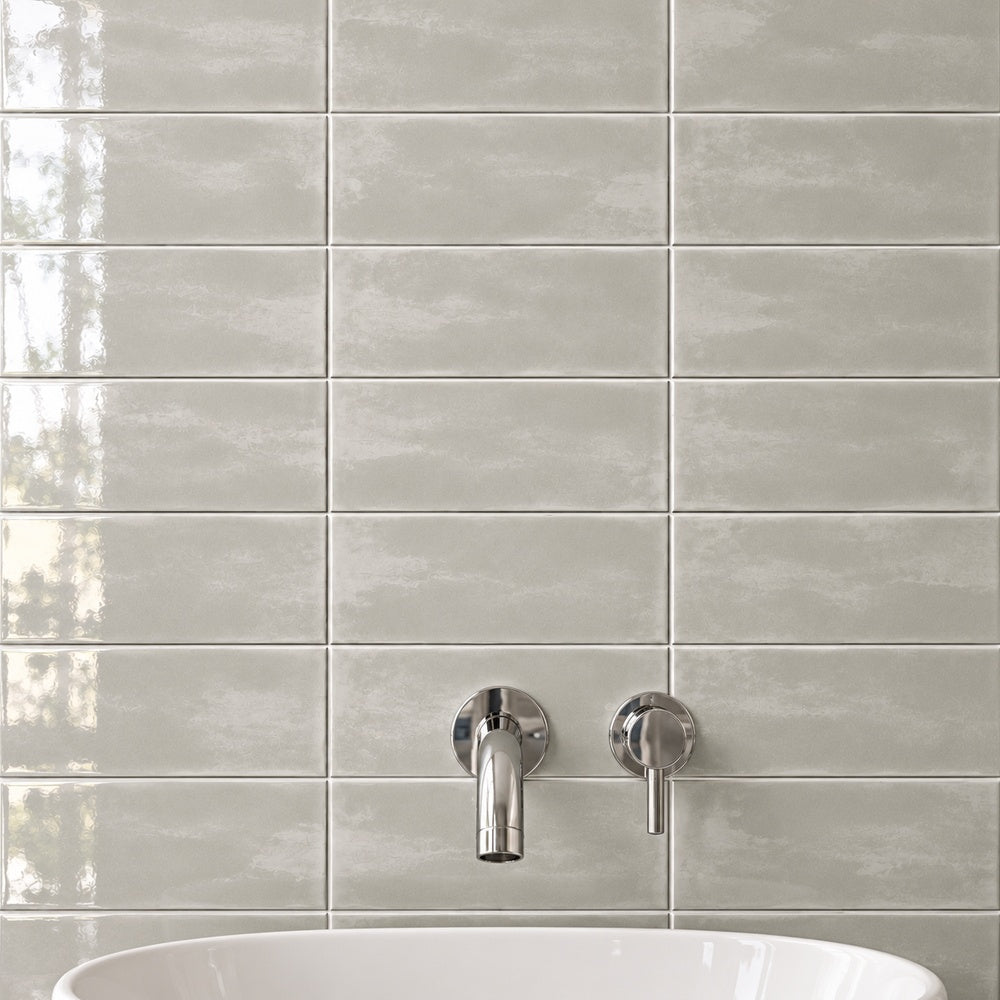 San Fran Gray 4x10 Glossy Ceramic Subway Tile — corrected generated wall installation scene